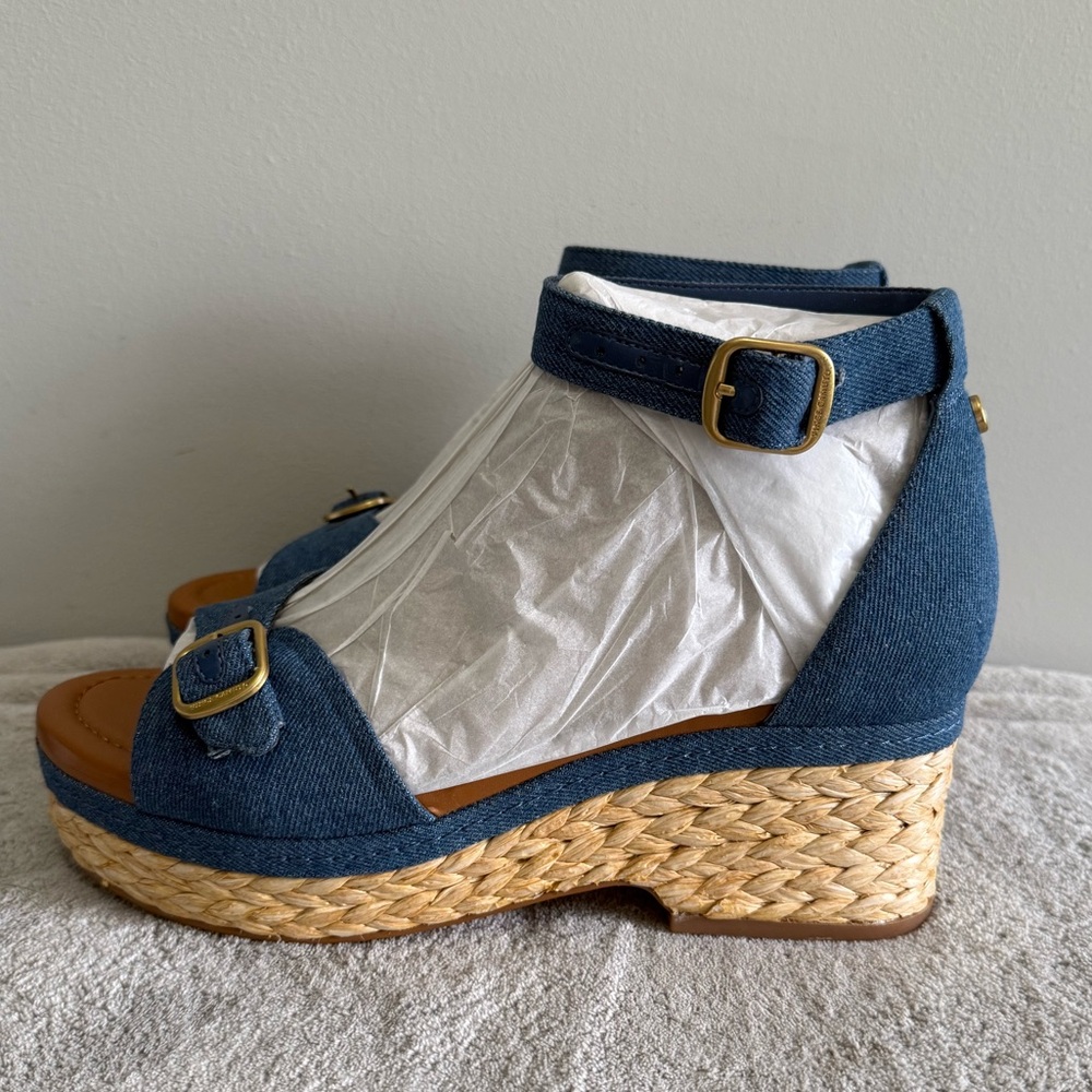 Vince Camuto Adjustable Wedge Sandals Meterry Denim 9M JUTE ROPE SIDES NEW - Picture 2 of 8